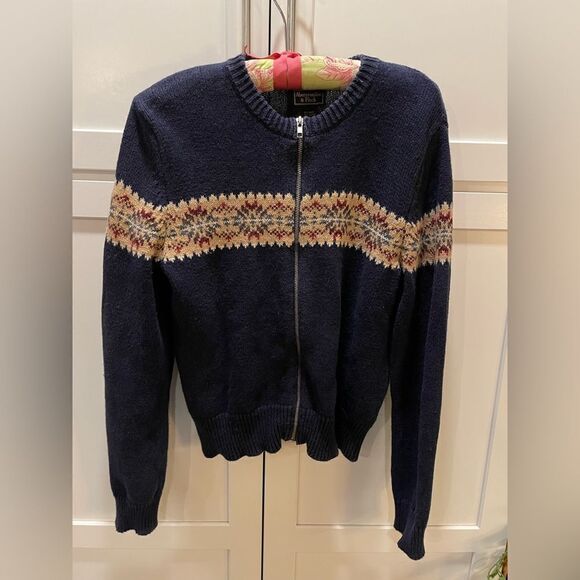 VTG Abercrombie & Fitch Women's L Navy Full Zip Sweater Fair Isle 90s 00s Y2K - Picture 1 of 4